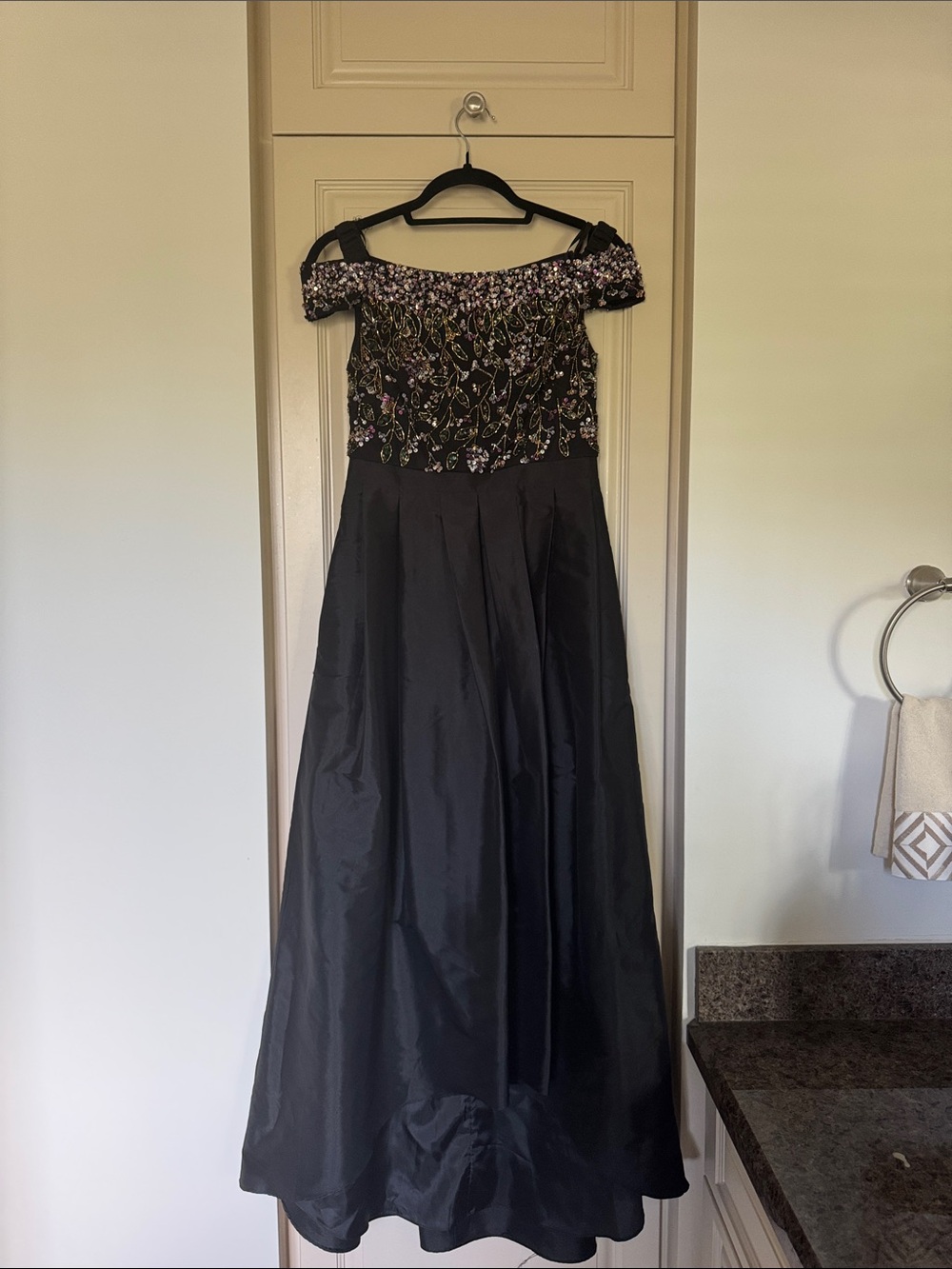 Adrianna Papell Black Off-Shoulder Embroidered Evening Gown